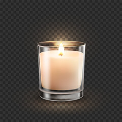 Candle in glass jar with burning flame light isolated on transparent background. Vector 3D realistic wax candlelight element design