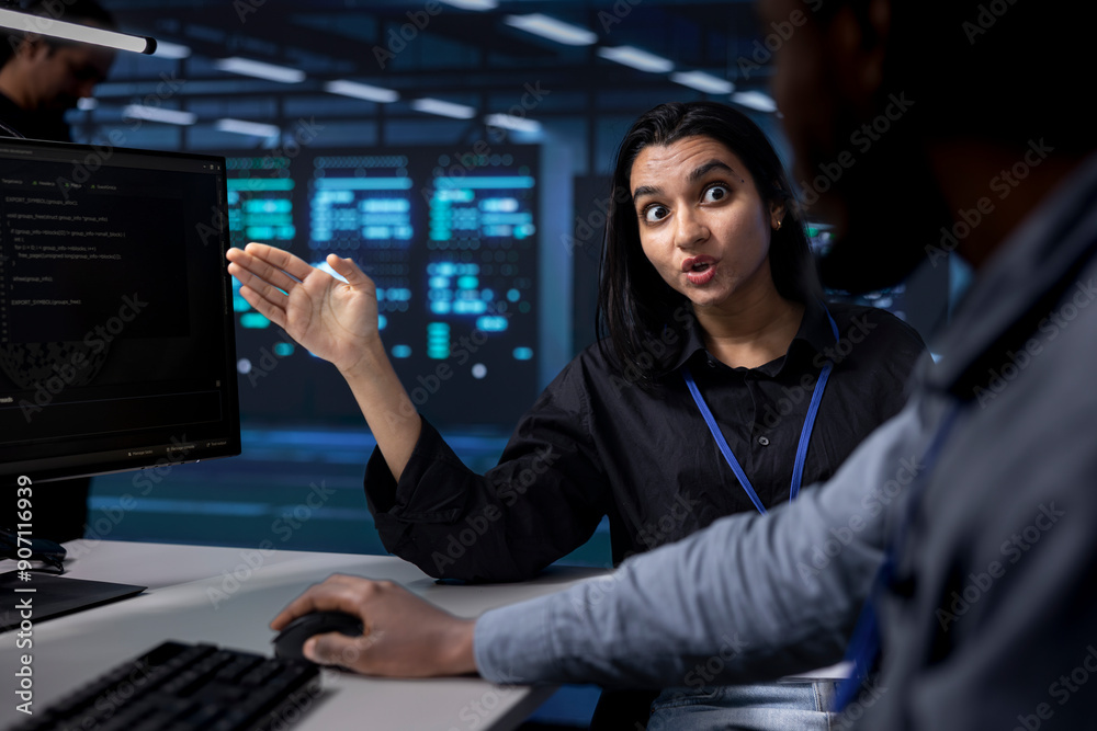 Poster technician arguing with colleague after seeing error in server hub while overseeing supercomputers. 