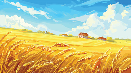 Golden wheat field ripe harvest, farming landscape under blue sky fluffy clouds. Countryside scene, rural farmland farmhouses, sunny day, agriculture concept illustration. Vibrant colors, summer © Vectorvstocker