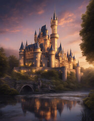 Obraz premium A grand and majestic castle set against the twilight sky, with towering spires and intricate archite 