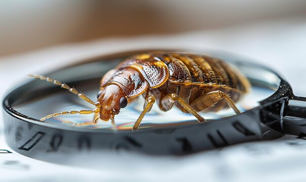 A magnifying glass revealing a bedbug pest on bedsheets.