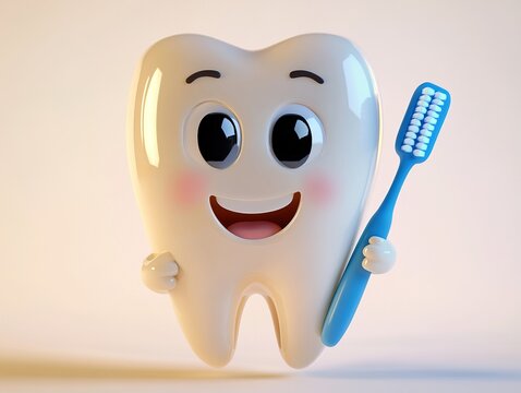 Cute tooth character holding a toothbrush, cartoonish and happy