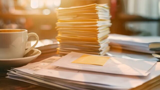 Stack of documents next to a cup of coffee in a busy office environment.