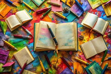Vibrant colorful background with scattered sheets of handwritten poetry, scattered pens, and open books, evoking creative writing inspiration for World Poetry Day celebrations.