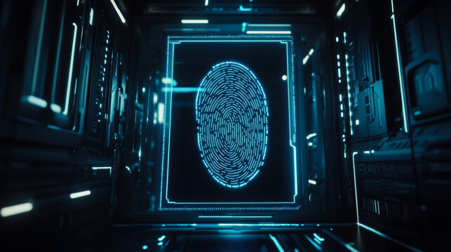 Futuristic fingerprint scanner in a high-tech environment