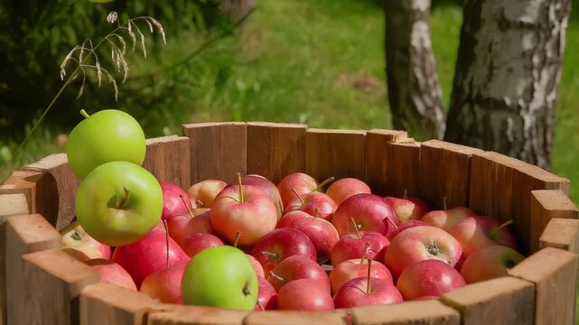 Ripe delicious green apples are falling into the wooden barell outdoors . High quality 4k footage