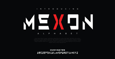 Mexon Creative simple modern urban alphabet font. Digital abstract futuristic, logo, music, sport, minimal technology typography. Simple numeric vector illustration