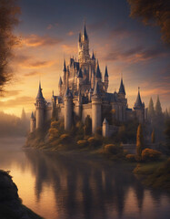 Obraz premium A grand and majestic castle set against the twilight sky, with towering spires and intricate archite 