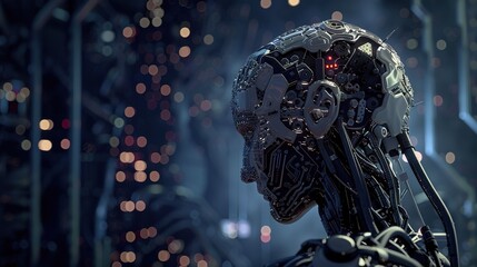 Advanced Robotic Head Contemplating Technology in Futuristic Laboratory During Nighttime