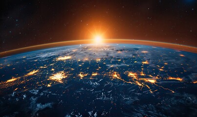 A view of planet Earth from space with flickering city lights, showcasing global communication networks and technology.