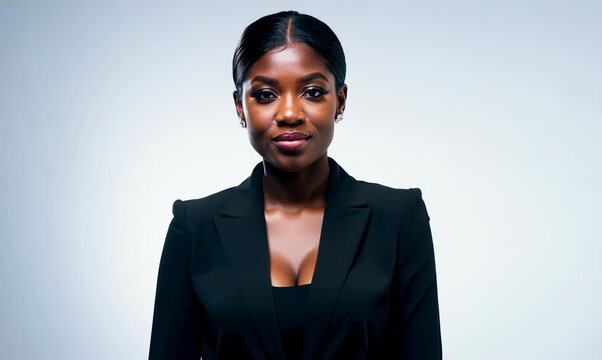 Portrait of a Nigerian woman in her 30s in a white background wearing a sleek suit