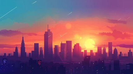 Fototapeta premium Colorful Sunset Over Silhouetted City Skyline With Buildings and Urban Landscape