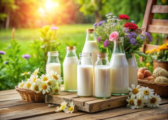 Fresh glass bottles of cold milk on rustic wooden table surrounded by summer flowers, greenery, and vintage dairy farming equipment in sunny outdoor setting.