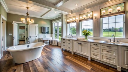 Fototapeta premium Spacious ensuite bathroom in a luxurious farmhouse-style home features a freestanding soaker tub, double vanity, mirror, sinks, walk-in shower, and warm hardwood flooring.