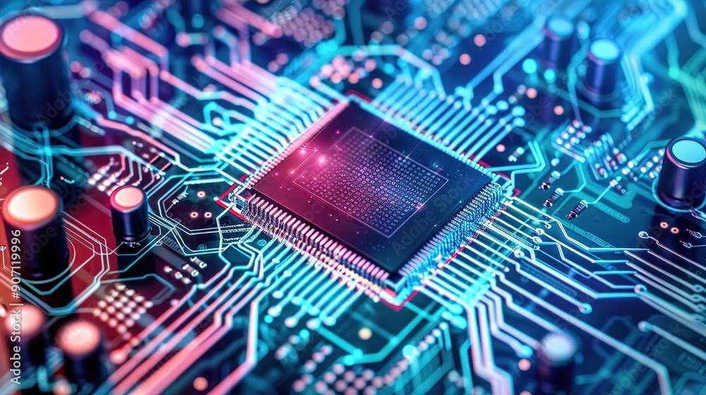 Poster close-up view of a microprocessor on a circuit board with colorful light effects