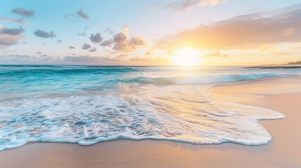 Beautiful Sunset Over Calm Ocean Waves at Sandy Beach in Tropical Paradise