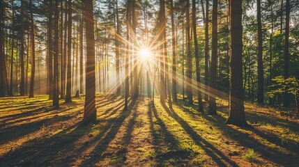 Obraz premium Sunlight Filtering Through Tall Trees in a Dense Forest During Early Morning