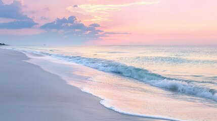 Serene Sunrise Over Tranquil Beach With Gentle Waves and Soft Pastel Colors