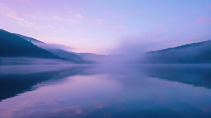 Serene Misty Morning Over Calm Lake Surrounded By Majestic Mountains