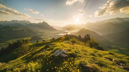 Majestic Sunrise Over Lush Green Valley Surrounded by Snow-Capped Mountains in Switzerland
