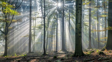 Fototapeta premium Beautiful Sunlight Filtering Through Trees In A Serene Forest During Early Morning