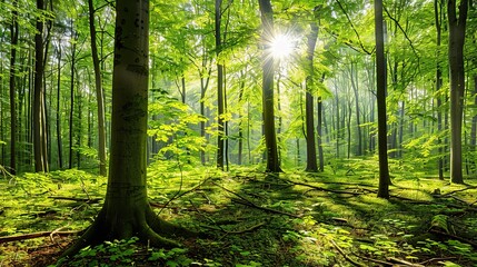 Naklejka premium Lush Green Forest With Sunlight Shining Through Leaves in Early Morning