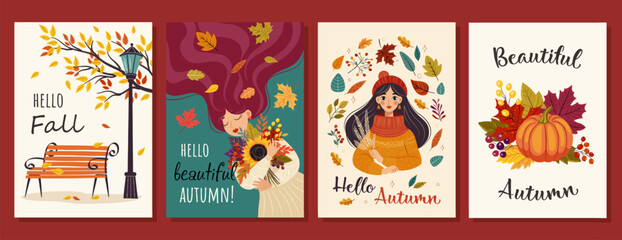 Love autumn. Universal Autumn cards. Hello Autumn. Leaves bouquet flowers twigs. For flyer, poster, banner, brochure, email header. isolated on white background