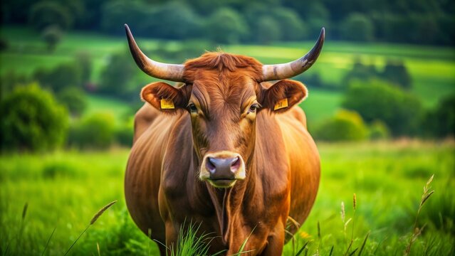 A close-up shot of a majestic Taurus bull in a green field , zodiac sign, astrology, symbol, earth element