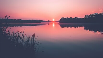 Stunning Sunset Over Serene Lake With Reflections of Colorful Sky