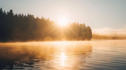 Obraz premium Golden Sunrise Over Serene Lake Surrounded by Majestic Trees in Early Morning Mist