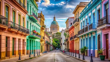 Obraz premium Colorful street in Old Havana with the Presidential Palace in the background, Havana, Cuba, old, historic, colonial
