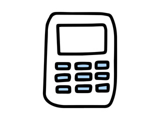 Black outline of a calculator with blue buttons isolated on a white background. Concept of school supplies, mathematics, minimalist style, and education tools. Design element. Back to School.