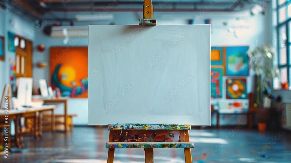 Aufkleber An empty canvas rests on an easel in a bright art studio surrounded by vibrant artworks, creating an inspiring atmosphere for creativity.