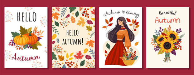 Hello Autumn. Love autumn. Universal Autumn cards. Leaves bouquet flowers twigs. For flyer, poster, banner, brochure, email header. isolated on white background
