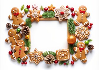 Adorable Christmas gingerbread cookies arranged in a square frame, isolated on a white background, surrounded by festive New Year design elements and ornaments.