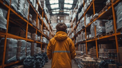 Fototapeta premium Warehouse worker in yellow jacket - generative ai