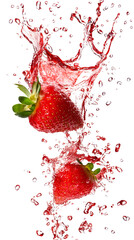 Falling Strawberry splash isolated on white background, full depth of field, transparent png background