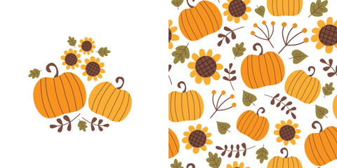 Autumn card and seamless pattern. Background with pumpkins, sunflowers and fall leaves.Thanksgiving day vector illustration. It can be used for wallpapers, wrapping, cards and patterns.