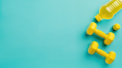 Fitness Essentials - Top View of Workout Gear with Dumbbells and Water Bottle, Copy Space for Text