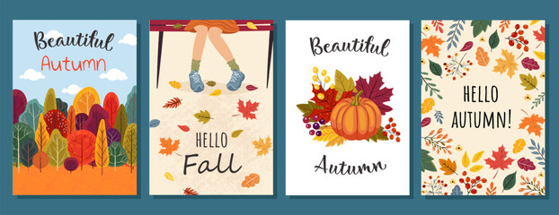 Hello Autumn card. Love autumn. Leaves bouquet flowers twigs. For flyer, poster, banner, brochure, email header. isolated on white background