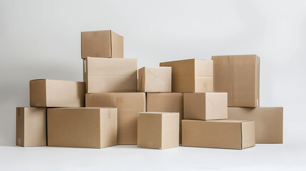 Obraz premium a stack of plain, brown cardboard boxes of various sizes arranged in an uneven, ascending pile against a clean, white background