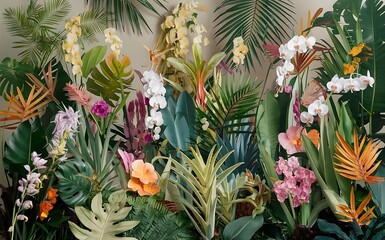 Flowers in the garden, Lush Botanical Garden with Exotic Flowers and Tropical Leaves