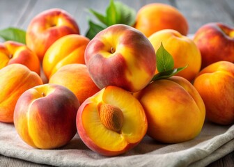 Vibrant orange-yellow peaches with soft, velvety texture and tantalizing ridges, set against a clean white background, exuding warmth and inviting sensuality.