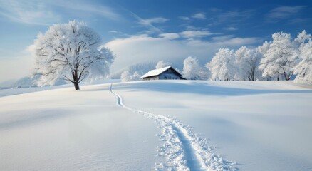 Obraz premium Snow-Covered Landscape With Cozy Cabin and Trail on a Sunny Winter Day