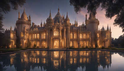 Obraz premium An opulent palace with towering spires and graceful arches, glowing softly in the evening light, surrounded by a tranquil water feature that mirrors its intricate details and grandeur. 