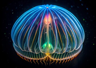 Vibrant bioluminescent comb jelly radiates ethereal glow, undulating translucent body pulsates in rhythm, suspended in dark, mysterious ocean depths, surrounded by inky blackness.