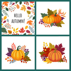 Universal Autumn pumpkin cards. Love autumn cards. Hello Autumn. Leaves bouquet flowers twigs. For flyer, poster, banner, brochure, email header. isolated on white background