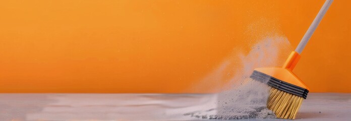 Broom Sweeping Dust on Wooden Surface With Orange Background