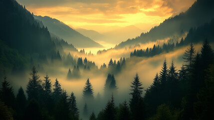 Obraz premium sunrise in the mountains. Misty Mountain Forest. A mountain forest covered in morning mist.