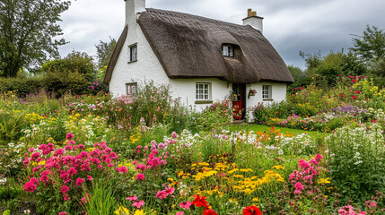 Cottage with Flower Garden. A white cottage surrounded by a vibrant flower garden.